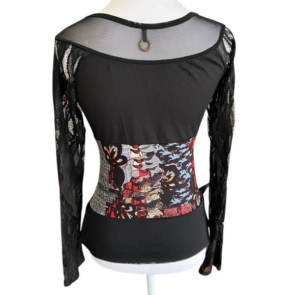 Save the Queen Mesh Lace Corset Style Top Y2K Gothic Sheer Long Sleeve - Picture 2 of 6